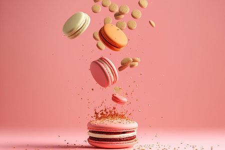 On a pink background, French macarons are seen flying through the air amid crumbs. Levitation theory large banner for food with copyspaceの素材