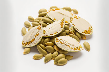 On a white background, there are pumpkin seedsの素材