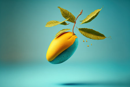 On a turquoise background, a young, ripe mango is isolated with leaves dropping. Concept of levitating food. high quality pictureの素材
