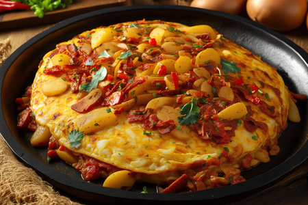 omelette with chorizo and Spanish potatoes. Typical tapa queen recipe from Spainの素材