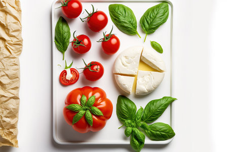 On a white background, mozzarella, basil, and tomatoes are seenの素材