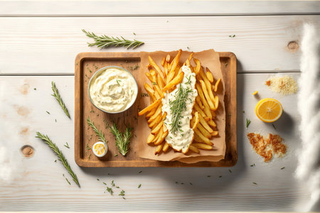 On a white wooden board, homemade baked potato fries with mayonnaise and rosemaryの素材