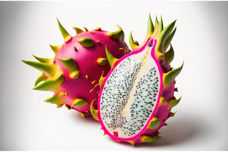 On a white background, fresh whole and sliced dragonfruit are seen. up closeの素材