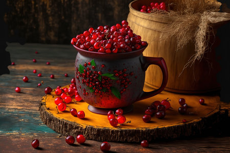 On a stump in the woods, ripe cranberries are in a mug. On a wooden background, there are cones and cranberries. Sweet red berries are in the background. Christmas customs and beveragesの素材