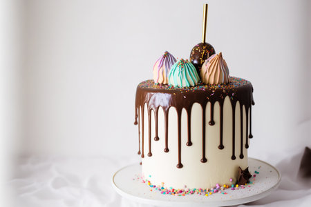 On a white background banner with party decorations, a birthday drip cake with chocolate ganache and sprinkles is displayed. Copy space Concept of a celebration. Drip Cake in styleの素材