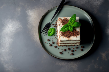 On a white porcelain dish, a piece of tiramisu cake is garnished with cocoa powder and a live, green mint leaf. Reduce the food. traditional dessert from Italy. Grey concrete background with coffee beの素材