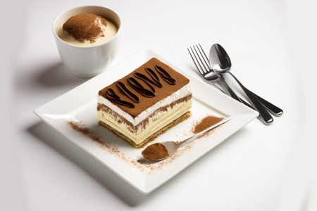 On a white dish, tiramisu. Italian dish prepared with ladyfingers dipped in coffee and spread with mascarpone cheese and cocoa powdered creamの素材