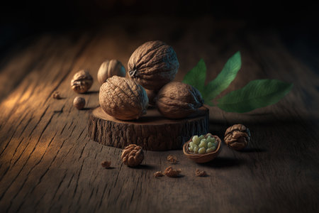 On a rustic, aged wooden table, there are whole and ground walnuts. fuzzy focusの素材