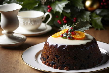 On a white platter, a Christmas fruit cake and pudding. decorating for Christmas. Up closeの素材