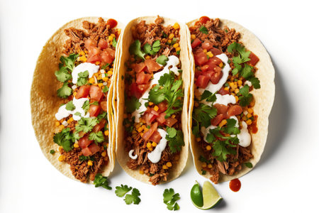 On a white background, three street tacos from Bucheの素材