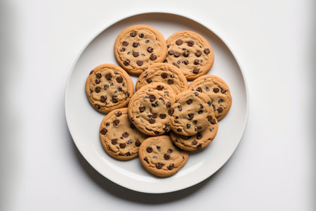 on a white background, a dish of chocolate chip cookiesの素材