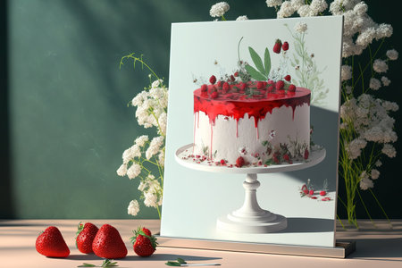 On a white stand, a red velvet cake with fresh strawberries and jasmine flowers is decorated. selective attention. the space barの素材