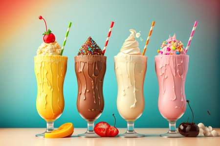 On a white table with an isolated colorful background, a set of milkshakes with cream in tall glass glasses garnished with fruits of various kinds. in frontの素材