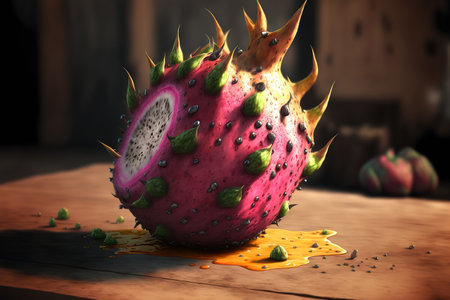 On a wooden board, a dragon fruitの素材