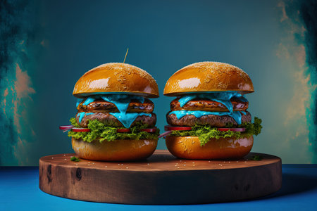 On a wooden table against a blue backdrop are two hand crafted beef burgersの素材
