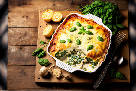 On a wooden table, a delectable homemade lasagne with ricotta cheese and spinachの素材