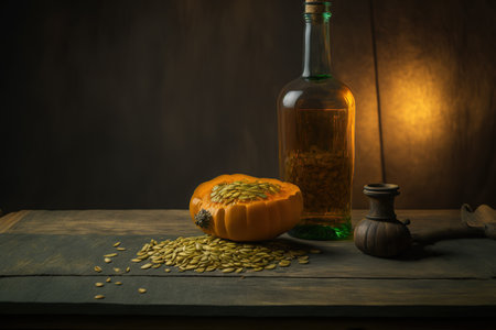 On a wooden table, a glass bottle of oil sits flat with a chopped pumpkin and seedsの素材