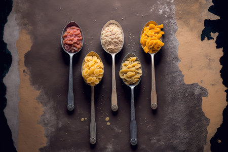 On spoons, several pastas are shown against a stone wall. with copy space, the top viewの素材