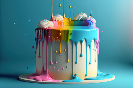 On the blue background is a rainbow cake with whipped cream on top. White chocolate drips and cream cheese frosting in various colors decorate a birthday cakeの素材