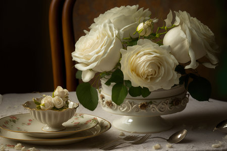 On the wedding table, white roses. superior photographの素材