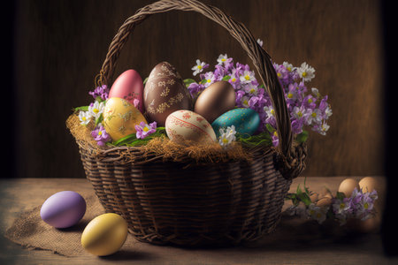On a wooden background, an Easter basket contains eggsの素材