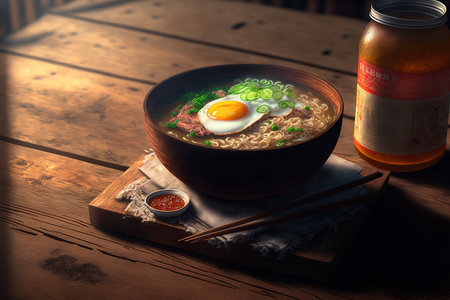 On a wooden table, an instant noodle soup with chopped pork and a boiled egg is displayedの素材