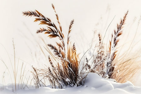 On the white snow are dry plants and grass. Winter themed abstract natural background with copy space. Wintertime. selective attentionの素材