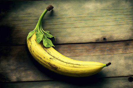 On the wooden background, a banana. looking upの素材