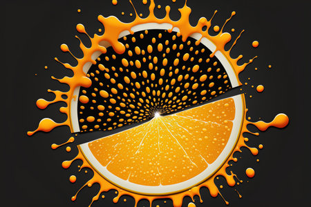 Orange slice with fresh juice drips isolated on a black and white background. Orange fruit with a circular incision releases orange juiceの素材