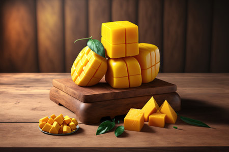 On the wooden table, there are mango cubes and mango fruitの素材