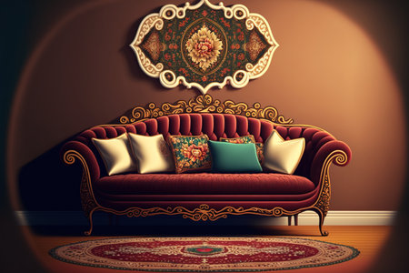 Ornate sofa, picture, carpet, pillow, and rug in the living room. luxurious couch and furnishings in the loungeの素材