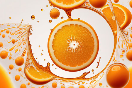 Orange slices in water with a white background. Oranges up close in a bubbling liquid. orange slices in water that are juicy and ripe. Fruits in a watery macro imageの素材