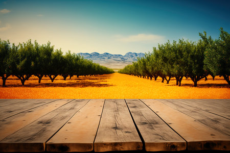 Orange field background, empty wood table with room over orange trees. For montaged product displaysの素材