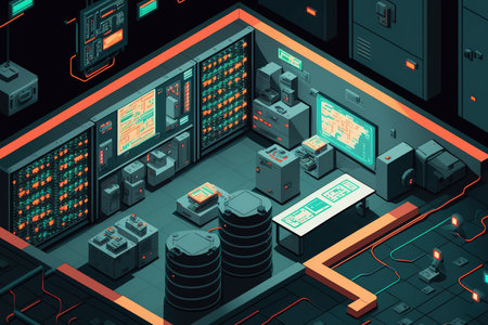 Overhead view of a server room with a stock market and data processing. Digitally created graphic of the concepts of data processing, technology, and worldwide businessの素材