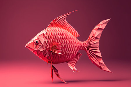 Origami fish made of pink paper, isolated on a red backdropの素材