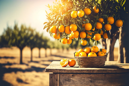 Orange trees with fruit and a wooden table with room for your decorations in the sunlightの素材