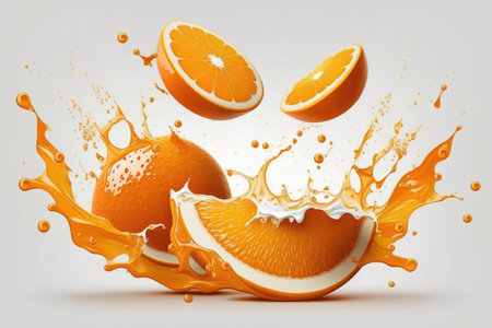 Oranges on a white background with a juice splashの素材