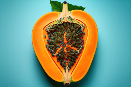 Papaya fruit , top view, on a blue backgroundの素材