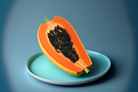 Papaya halved on a blue plate with a white backgroundの素材