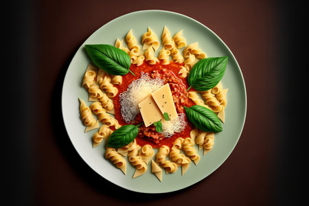 Pasta topped with parmesan, basil, and a hot tomato sauce. Chifferi Rigati pastaの素材