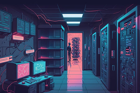 Overhead in the server room is a warning of a cyberattack. digitally made concept illustration of global technology and data processingの素材