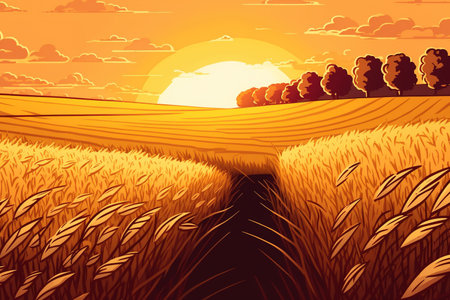 Panorama of wheat field at sunsetの素材