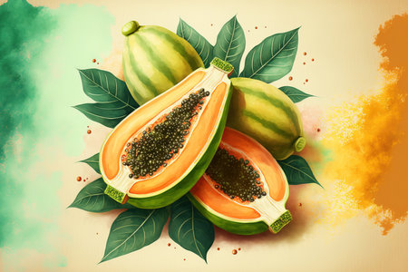 Papayas are used in a creative layout on a watercolor background. Lay flat. notion of foodの素材
