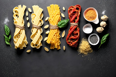 Pasta. Different types of raw pasta and noodles on a stone background, top view with text copy space. Italian cuisine as a culinary idea. On the cooking table, a variety of raw pastas are shown. Banneの素材