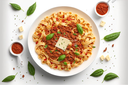 Pasta Fettuccine Bolognese in a white bowl with tomato sauce. Lay flat. a top viewの素材
