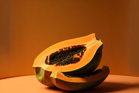 Papaya fruit, freshly cut, flat laid on a beige background. Room for textの素材