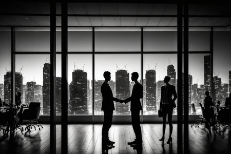 People shaking hands in a contemporary, spacious meeting space with a lit up, panoramic city view are looking out the window. teamwork ideaの素材