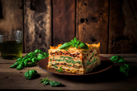 on a wooden table, a plate of lasagna with green basilの素材