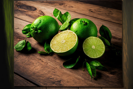 on a wooden background, fresh limesの素材