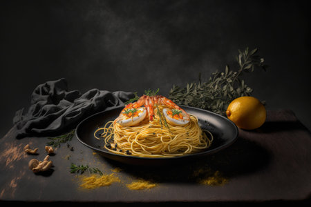 Pasta with flying shrimp aglio olio against a background of dark woodの素材